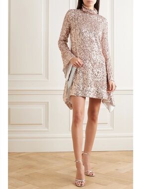 Halpern Rose Gold Pink Sequin Mini Dress Draped Sleeves High Neck Sz 38 Medium